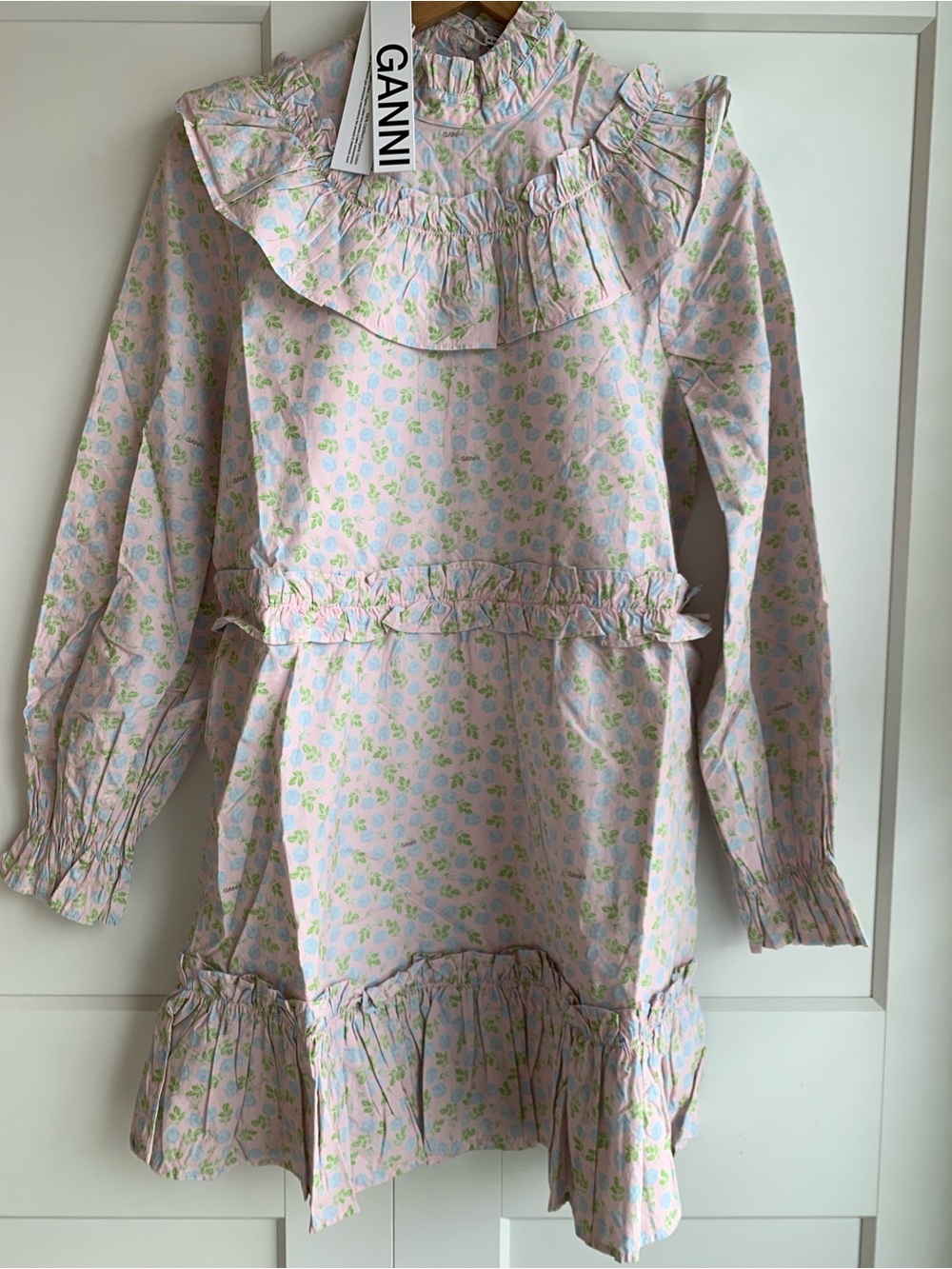 GANNI Ruffled Floral-print Cotton Mini Dress size 38